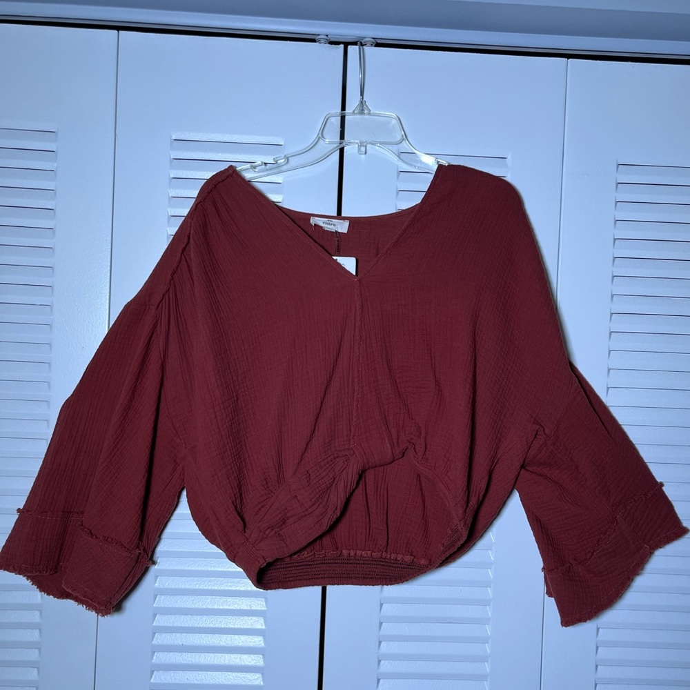 Entro Cocoa Blouse Red-Orange Cropped Long Sleeve | Size Medium / M
